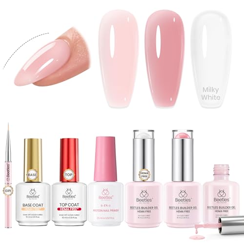 Beetles Builder Gel Nail Kit HEMA FREE with 3-IN-1 Protein Nail Primer Base Top Coat 3 Colors 8 in 1 Pink Milky White Builder for Strengthening Thickening Extension Beginner DIY UV Nails Lush Tint