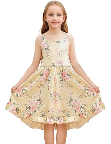 Girls Summer Floral Hi-Low Sleeveless Sundress with Straps,Vintage Boho Backless Party Dress