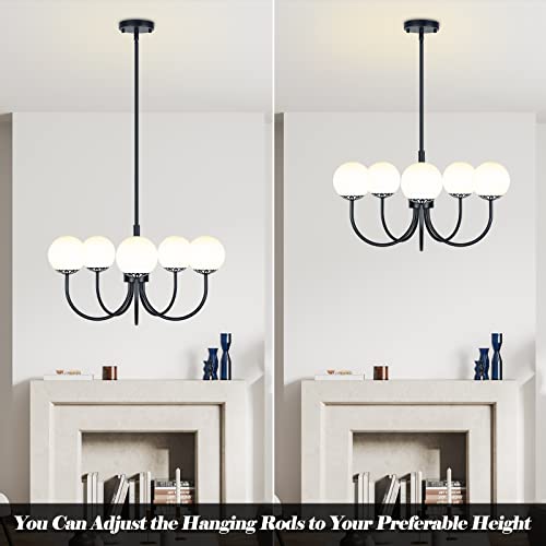 Yolsunes Black Chandelier Pendant Lighting, 5-Light Kitchen Light Fixtures, Mid-Century Modern Large Semi-Flush Ceiling Light Fixture With Frosted Globe Glass For Dining Room Living Room Bedroom Brass #TOP4