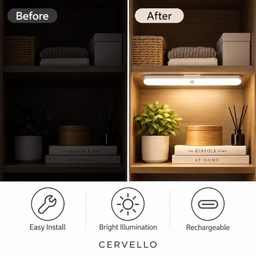 Image of CERVELLO USB Rechargeable LED Light Bar, 30 cm Dimmable Lamp with Detachable Magnetic Base, Touch Operation and Light Modes for Makeup, Reading, Cabinets and Closets
