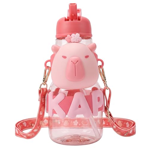 Elyebxj Botella de agua de plástico con pajita, botella de agua portátil Kawaii para niños con correa ajustable, de de 850 ml de grado alimenticio para niños y adultos, estilo 2