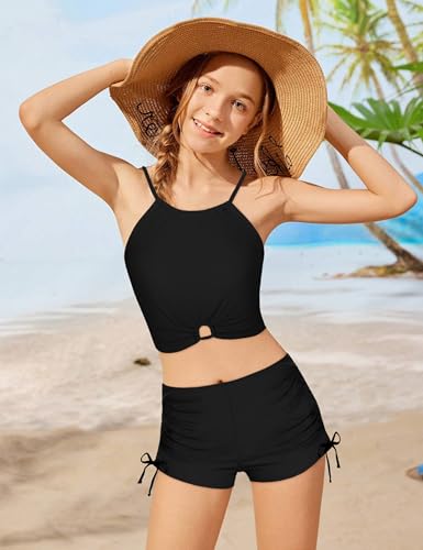 Image of BAVADER Girls Swimsuit 2 Pcs Solid Color Cutout Tankini with Shorts Drawstring Bathing Suit for Girls Swimwear 7-14Y