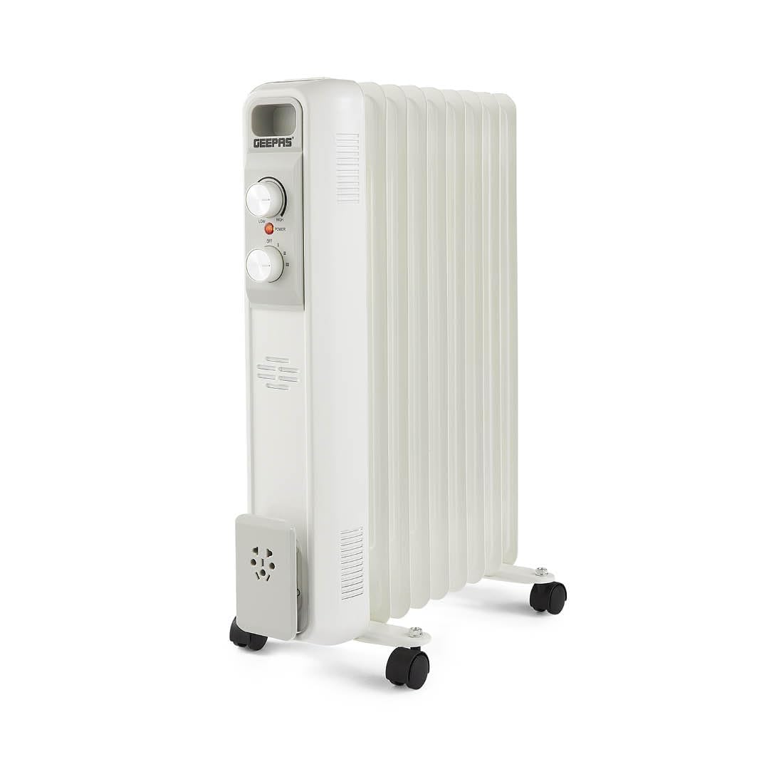 Geepas Oil Filled Radiator Heater 2000W, 9 Fin | Portable Electric Heater 3 Heat Settings | Adjustable Thermostat Safety Cut-off Overheat Protection Energy Efficient Heating | 2 Year Warranty White
