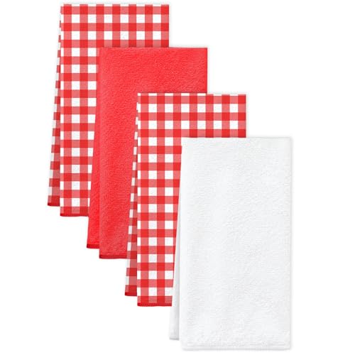 Mindsoft 4 Pcs Gingham Kitchen Towels Set, Red and White