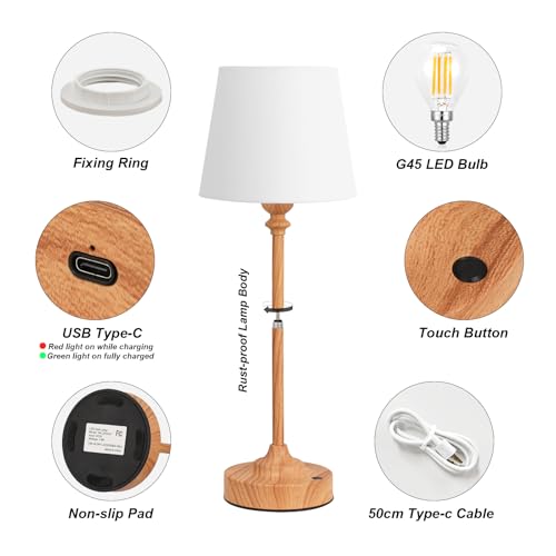 Image of Kakanuo Cordless Table Lamps Rechargeable Set - 2 Pack Wooden 4000mAH Battery Operated Lamps for Decor, 3000K Stepless Dimming Touch Control Wireless Lamps for Bedroom, Dining Table