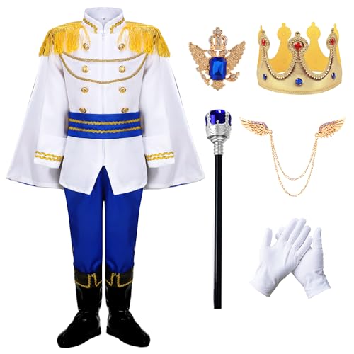 RuuYiicoco Boys Prince Charming Costume Cosplay Dress-Up Medieval Royal King Outfits for Kids (Blue 5-6 Years)