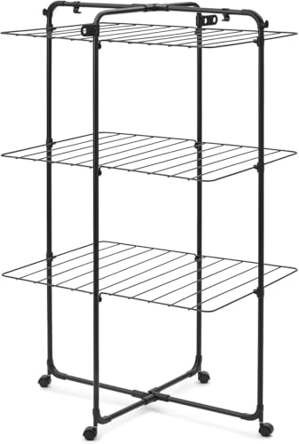 Brabantia HangOn Tendedero en Torre 23 M (Negro Mate), tendedero Vertical Que Ahorra Espacio, tenderete de Ropa Plegable con 3 Niveles de Secado, Ruedas y Ganchos