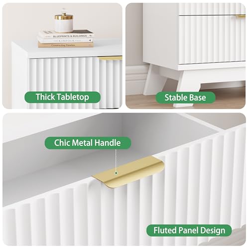 Image of Fluted Dresser for Bedroom with 3 Drawers, 24 inch Wide Modern Chest of Drawers with Metal Handle, Wooden Dresser TV Stand, Wood Closet Clothes Storage Drawer Organizer for Living Room, Hallway, White
