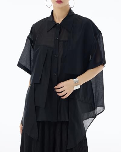 ellazhu Women's Shirt Button Down Short Sleeve See Through Lapel Patchwork Solid Color Sheer Loose Summer GE142