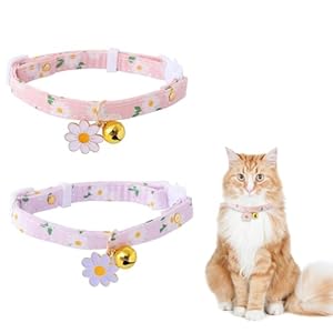 2 Pack Cat Collars with Bell and Flower, Breakaway Kitten Collars Adjustable 7-12 Inch, Floral Print Cute Pink and Purple Cat Collar for Small Cats