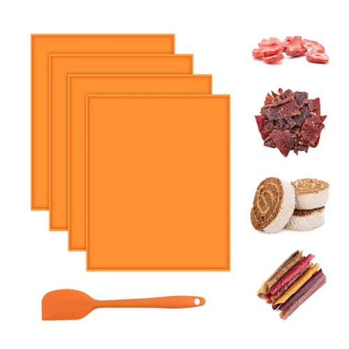 Yiomxhi 4 Pièces Feuilles de Déshydrateur en Silicone avec Bord, Doublure de Plateau de Déshydrateur Alimentaire Antiadhésive, Tapis Cuisson pour Roulé Suisse Séchoir à Fruits avec Grattoir (Orange)