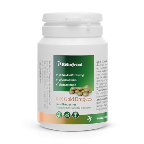 Röhnfried K+K Gold Dragees - 100 Dragees | Zum Muskelaufbau & zur Regeneration von Reisetauben |individuelle Fütterung von Brieftauben nach starker Belastung | mit Methionin, Lecithin & Magnesium