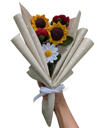 Image of Prapti Handicrafts Artificial Crochet Red Rose Flower Bouquet /Forever Flowers /Valentine Day Romantic Gift for Girls /Boys /Girlfriend /Boyfriend /husbund /Wife Home Decor Gift Ideas (Sunflower+Rose)