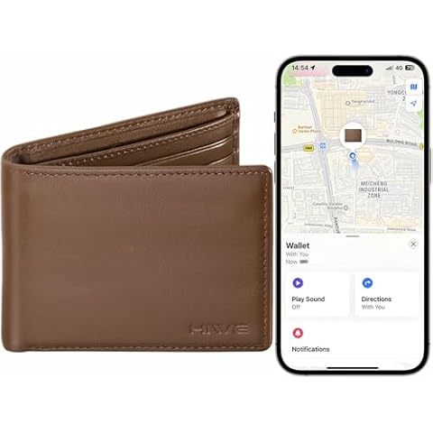 HiWe Wallet for Men with Find My Tracker Built in, Bifold Genuine Leather Wallet, RFID Blocking, Slim, Wireless Charging, Not for Android, Brown Cover