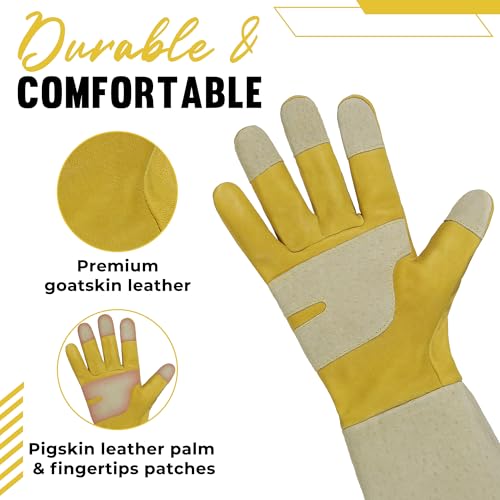 Image of HANDLANDY Rose Pruning Gloves for Men Women, Thorn Proof Gardening Gloves | Long Leather Gardening Gloves, Breathable Leather Gauntlet, Best Garden Gifts & Tools for Gardener (Butter Yellow, S)