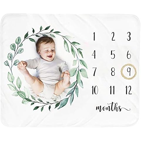 Baby Monthly Milestone Blanket Boy - Newborn Month Blanket Unisex Neutral Personalized Shower Gift Leaf Nursery Decor Photography Background Prop with Wooden Wreath Large 51''x40'' Cover