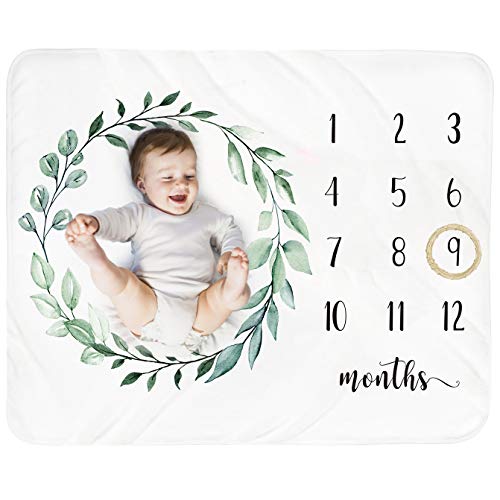 Image of Baby Monthly Milestone Blanket Boy - Newborn Month Blanket Unisex Neutral Personalized Shower Gift Leaf Nursery Decor Photography Background Prop with Wooden Wreath Large 51''x40''