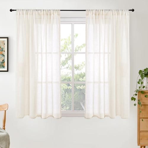Image of BGment Ivory Linen Curtains 45 Inches Long for Short Bedroom - Semi Sheer Light Filtering Window Drapes with Rod Pocket Textured Lightweight for Dining Living Room, 2 Panels Set, Each 42 Inch Wide