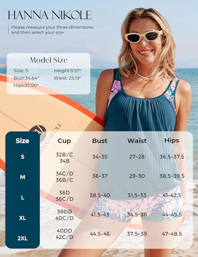 Hanna Nikole Damen Bademode Zweiteilig U-Ausschnitt Gepolstert Oberteil Tankini Mit Blumenmuster Shorts Blaugrüne und rosa Blüten L