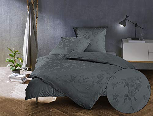 Bettwaesche-mit-Stil Mako Satin Jacquard Damast Bettwäsche Zoé Rose - Stahl grau - 155x200 + 80x80 cm