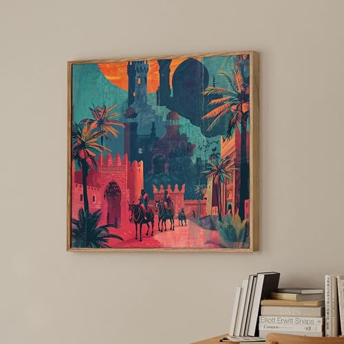 Image of Royal Desert City Framed Canvas Wall Art Painting for Living Room | Vintage Arabian Landscape Artwork Painting with Frame | Ethnic Decorative Wall Decor for Home & Office, 23x23 Inch