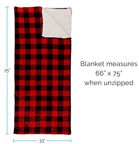 Mindful Design Buffalo Plaid Convertible Sleeping Bag Blanket with Sherpa Lining for Camping, Bedding & Cozy Living