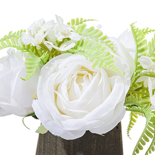 Mygift Decorative Artificial White Rose Bouquet Arrangement Fake Flowers For Decoration In Vintage Gray Brown Tapered Wood Vase #TOP6