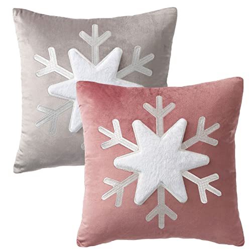 HOSTECCO Fundas de almohada de terciopelo de 18 x 18 pulgadas, juego de 2 fundas de almohada de Navidad neutrales para copo de nieve de invierno para sofá Cover