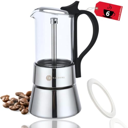NACHOMI Cafetera Italiana 6 Tazas (360 ml). Cafetera Italiana Acero Inoxidable y Vidrio Borosilicato. Cafetera Induccion, Gas y Vitrocerámica. Alta Resistencia al Calor. Incluye Junta Recambio Extra.