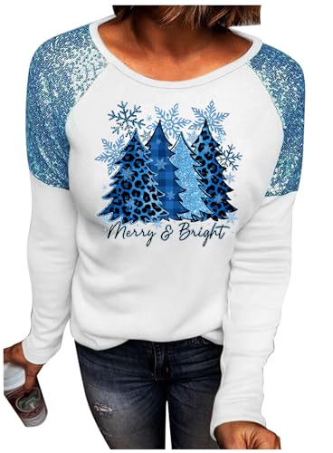 Image of Women Leopard Christmas Trees Snowflake Sequined Splicing Blouse T Shirts Xmas Graphics Print Casual Long Sleeve Tees