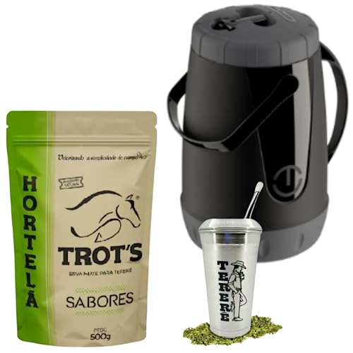 Kit 1 Garrafa Térmica 2,5L Preta 1 Erva Trot's 500g Sabores 1 Cuia Com Tampa e Bomba Sabor: Hortelã