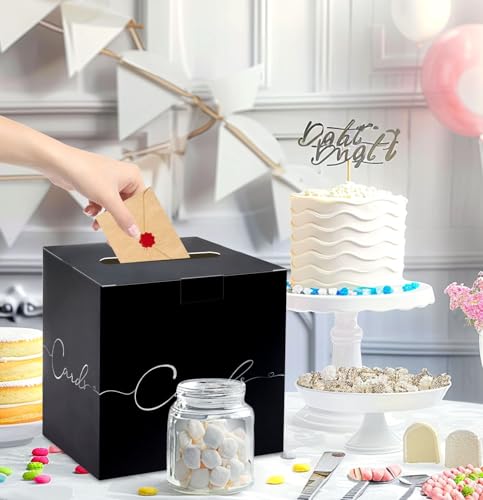 Image of HEIPINIUYE Large Card Box for Party 9.8 inch x 9.8 inch Black Gift Card Box Holder with Silver Foil Design for Wedding Birthday Baby Shower Graduation Retirement Party Raffle Box