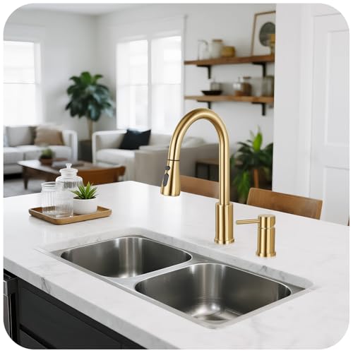 Image of Pull Down Kitchen Faucet 2 Hole - Brushed Gold Single Handle Kitchen Faucets, High Arc Stainless Steel Pull Out Kitchen Sink Faucet for RV Laundry Farmhouse Bar