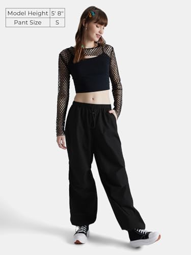Image of The Souled Store Ink Black Women and Girls Elasticated Toggled Cotton Parachute Pants