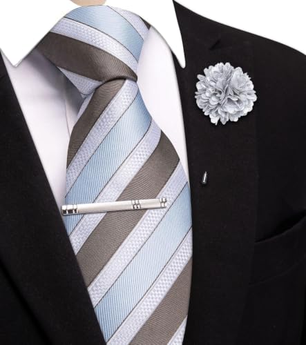 Image of Hi-Tie 63 inches Striped Paisley Extra Long Ties for Men Silk Necktie with Lapel Pin Tie Clip Big and Tall Men Formal Wedding