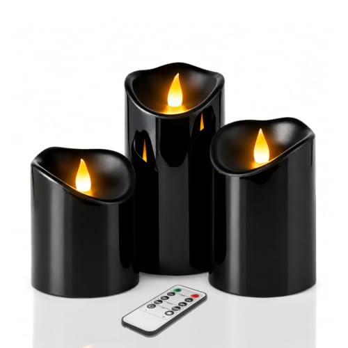 Image of Flameless Candles 4 inch 5 inch 6 inch Set of 3 Outdoor Indoor Black Pillars Battery Operated Flickering Candles with Cozy Climbing Flame Effect, 10-Key Remote Timer, Plastic LED Candles for Wedding Decor