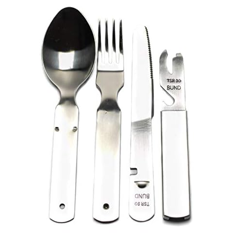 German cutlery set 4 pieces Eating utensils military style spoon fork knife kit flatware multi-tool Camping bottle can opener stainless steel NEW Cover