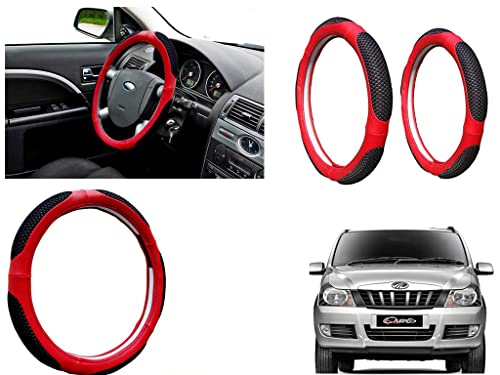 Image of Microfiber Car Steering Wheel Cover, Soft Padding Great Hand Feel, Anti-Slip, Faux Leather Steering Cover for Mahindra Quanto | Black Red Jali - Pack of 1
