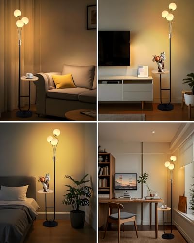 Image of Lightdot Dimmable Gold &Black Floor Lamp with Tray 65IN Mid Century Standing Lamps with Shelf, 3000K Warm White Bulbs Included, Modern Globe Floor Lamp for Living Room /Bedroom /Sofa Beside /Corner Decor
