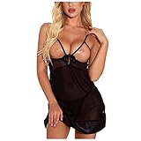 Sheer Mesh Lingerie for Women Sexy Off Breast Camisole Nightdress See-Through Babydoll Chemise Nightwear for Sex Play Black