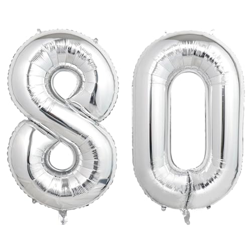 Image of Number Balloons Silver Party Balloon - Giant Number 80 Balloon, 40 Inch Large Balloon for 80th Birthday Decorations, Silver Party Supplies for Anniversary