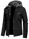 Pursky Mens Cotton Lightweight Multi Pockets Jacket Zip Front Stand Collar Military Windbreaker S Black