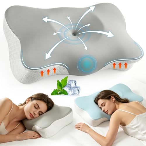 Memory Foam Pillow Ergonomic Orthopedic Pillow for Neck and Shoulder Pain Relief 2 Heights Cervical Support Pillow for Side/Back/Stomach Sleepers Cooling Pillow with 2 Washable Covers(Grey & Blue)
