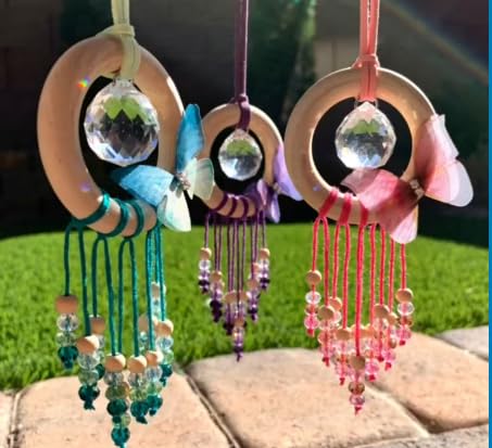 Mannikin Suncatcher Dream Catcher Wall Hanging Set, Crystal Suncatcher with Butterflies and Bells, Wooden Ring Beaded Decor, Car Pendants Dream Catcher Set of 3, Pink Purple Teal-image-21