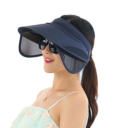 Obosoyo Women's Beach Sun Visor Solid Wide Brim Summer Sun Hat with Retractable Visor Navy One Size