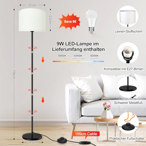 AmazeFun LED Stehlampe, 156cm Stehlampe Wohnzimmer mit Beigen Leinen-Lampenschirm & Fußschalter… – Ansicht 5