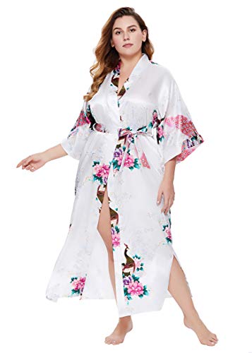 Image of BABEYOND Women's Kimono Robe Long Satin Robes with Peacock and Blossoms Printed Kimono Nightgown