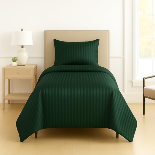 Image of DECOR2ADMIRE 300 Thread Count Premium Glace Cotton Plain Stripe Single Bedsheet with One Pillow Cover (60 inch x 90 inch) (Dark Green, Pack of 2)