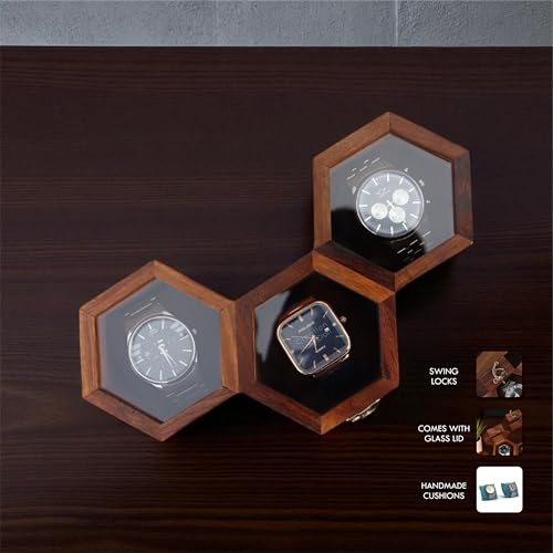 Image of Vintage Wooden Watch Box for Men, Timepiece Display Case, Honeycomb Watch Storage & Organizer, Jewlery Box for Women, Anniversary Gift For Husband (3 Compartments)