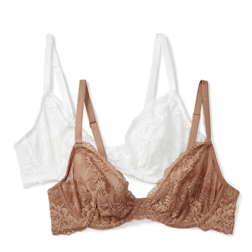 Amazon Essentials Women's Stretch Lace Plunge Bra, Pack of 2, Washed Bronze/White, 32C